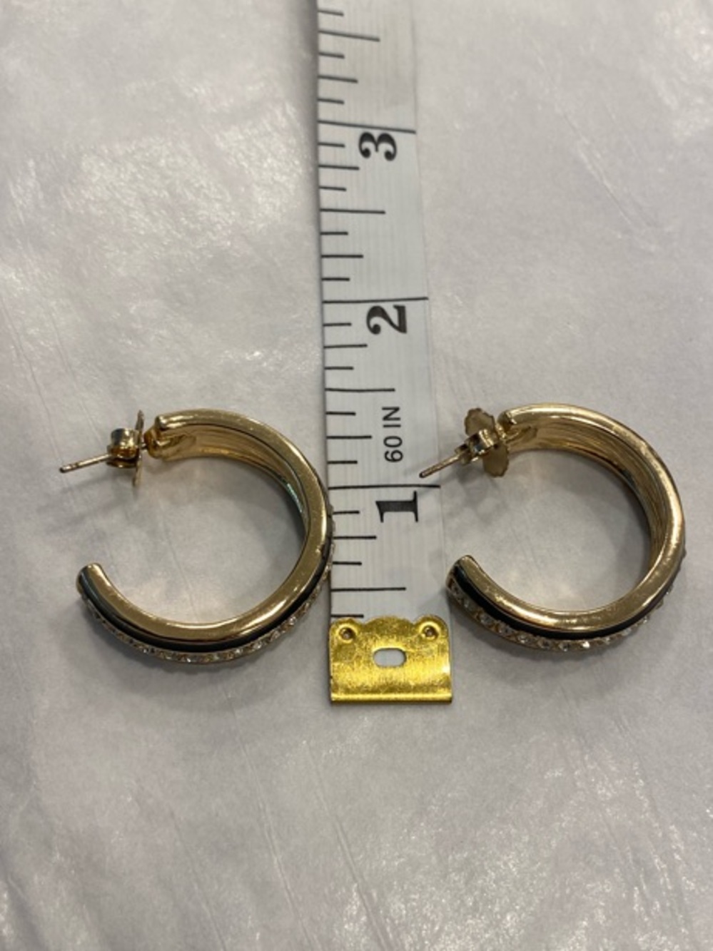 Gold Navy Enamel Rhinestone Hoop Earrings Medium - Picture 7 of 12
